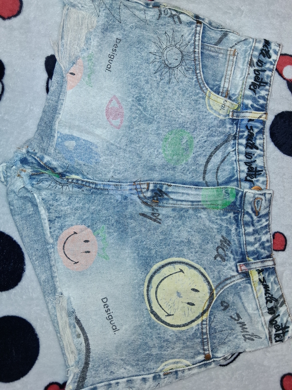 Desigual Light Blue Acid-Wash Denim Shorts with Multicolor Smiley Prints